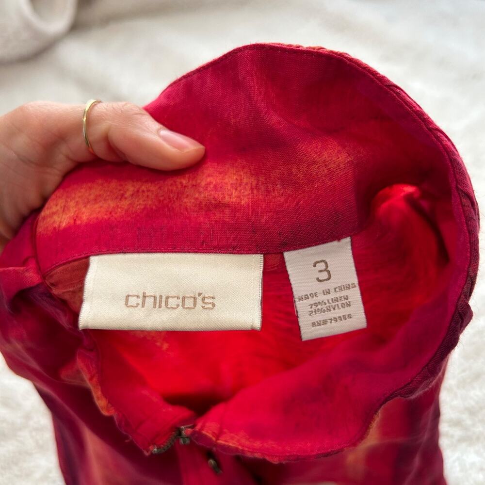 Chico's Womens Red/Pink Artsy Old Money Full Zip 3/4 Slv Cinch Jacket Sz 3 Linen - Picture 5 of 7